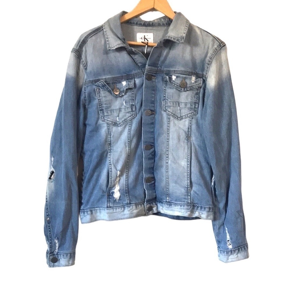 Calvin Klein distressed button front jean jacket size Medium Moto